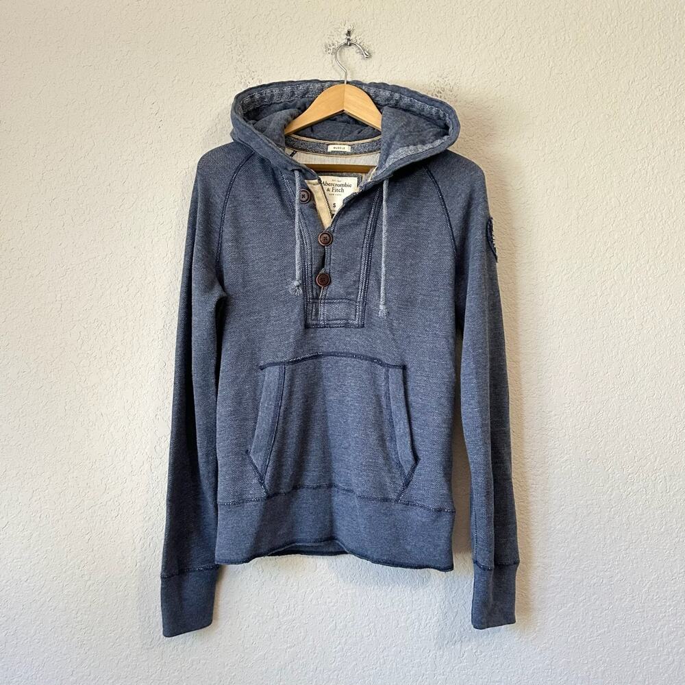ABERCROMBIE & FITCH Hoodie Blue Muscle Fit Henley Pullover Sweatshirt NWT
